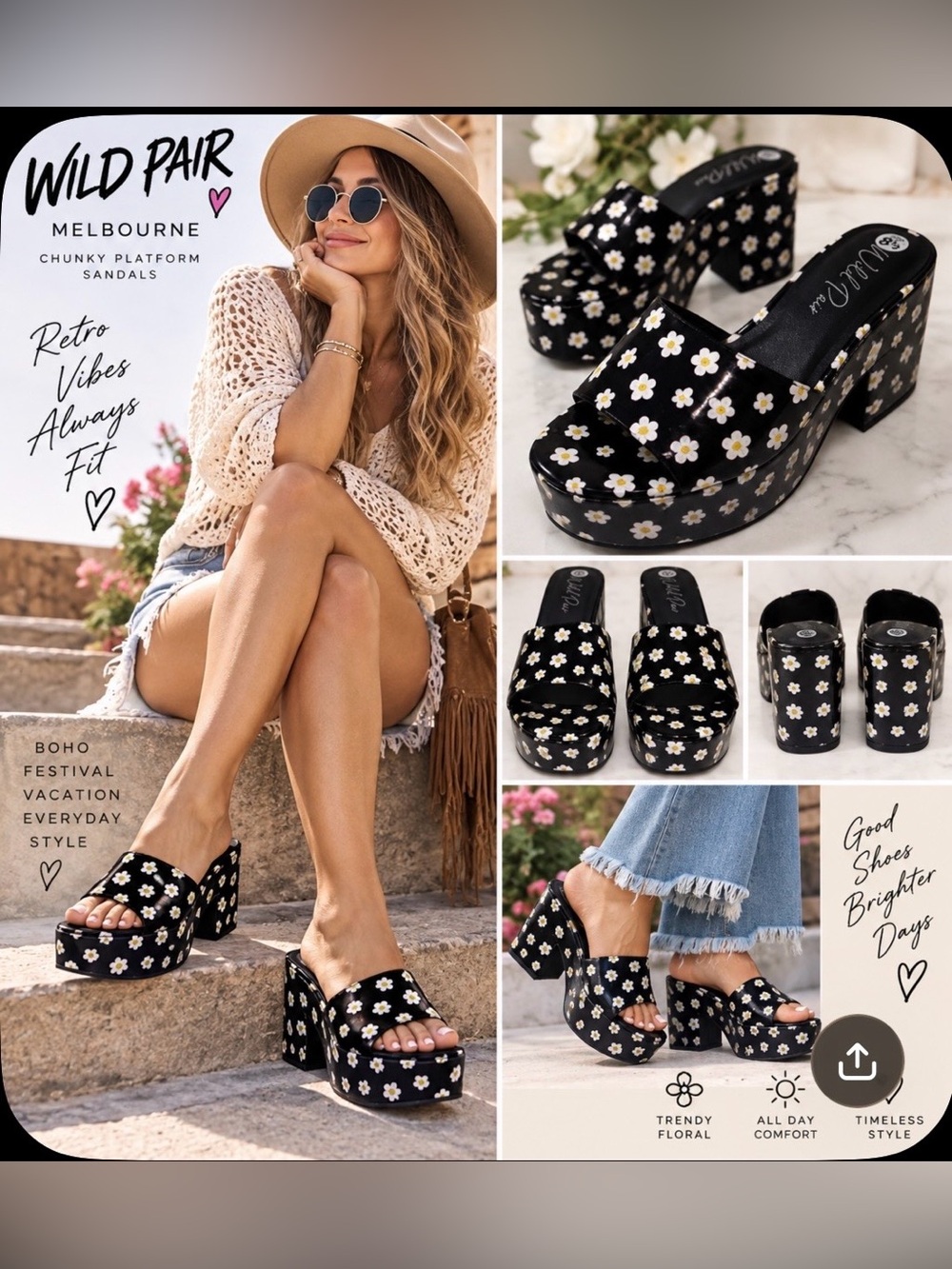 Wild Pair Melbourne Floral Print Chunky Platform Sandal Women 8.5 Boho Hippie